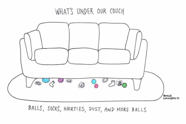 Что у нас под диваном мячики, носки, пыль, игрушки и снова мячики